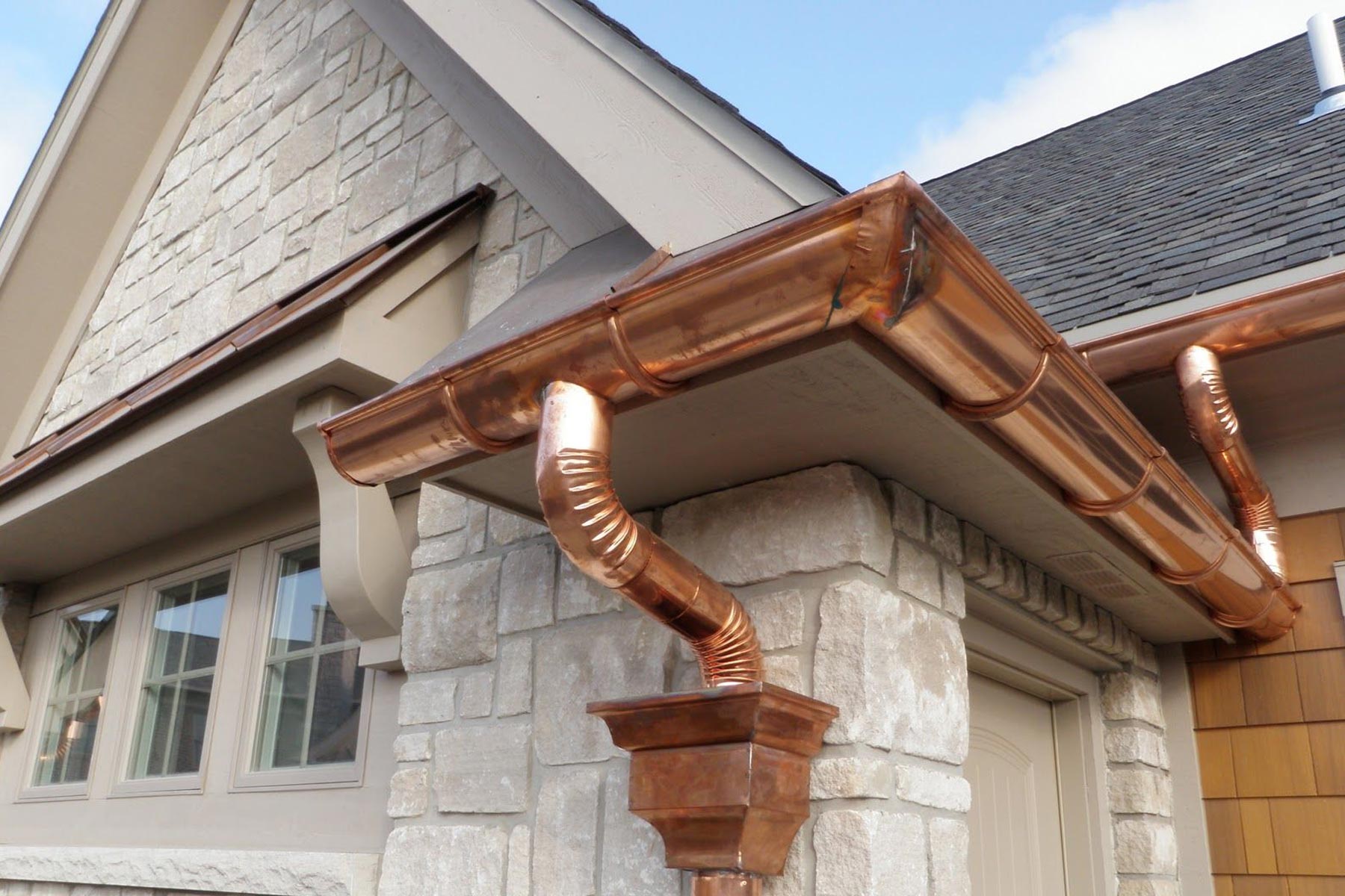 Elegant copper gutters installed on a home in Katy, TX